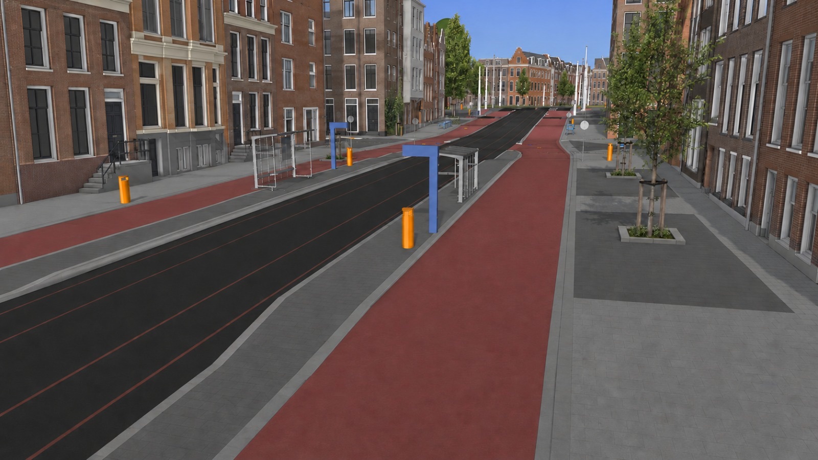 3D-visualisatie van een heringericht straatprofiel met rijbaan, trambaan, vrijliggende fietsstroken en trottoir.
